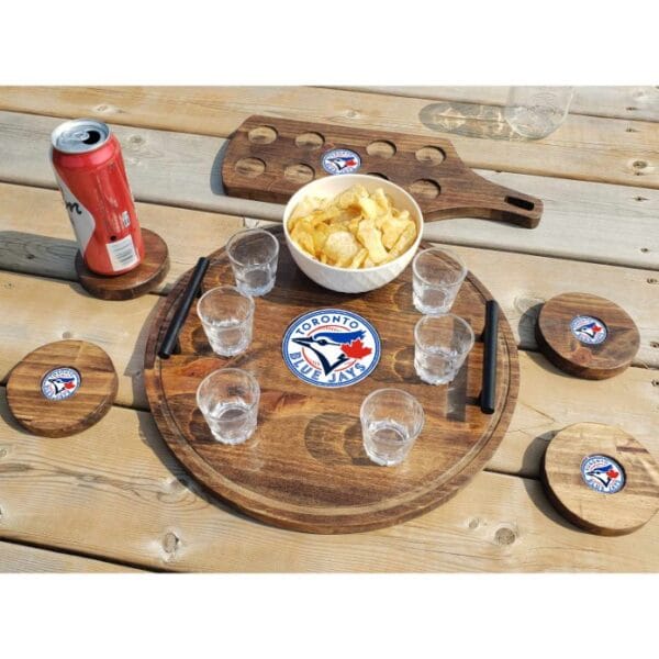 Toronto Blue Jays Bar Set Tray Coasters and Shot Flight - angled Toronto Blue Jays Bar Set Tray Coasters and Shot Flight - angled
